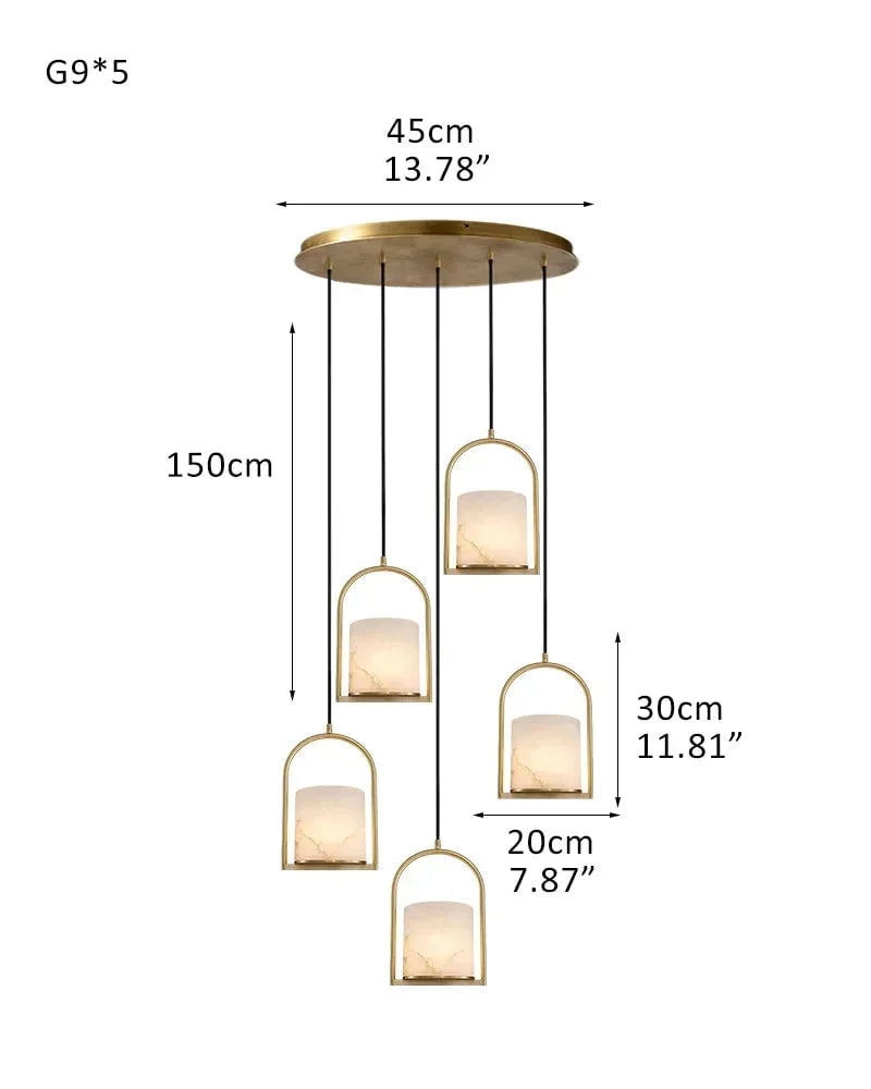 LightsStory Series Geometric Pendant Light | Cluster Dome Carved Organic Alabaster and Geometric Brass, Matte Black and Brass Edges for Kitchen Islands and Entryways 5P-D20*H30CM D8"*H12"-Round Board Brass Modern Pendant lamp