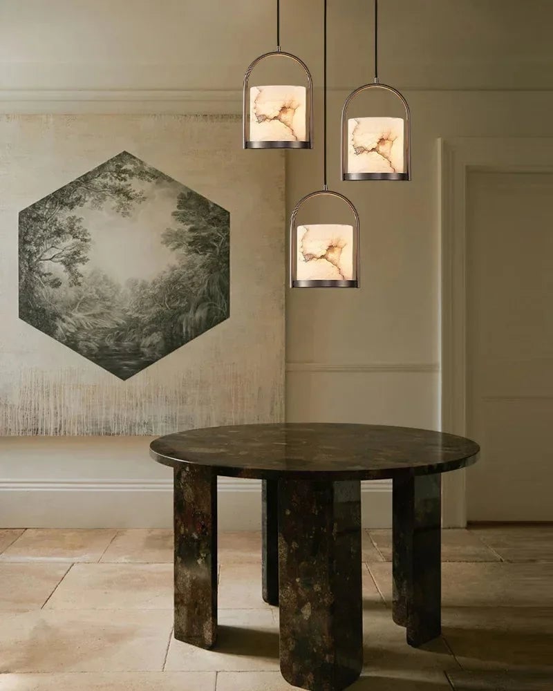 LightsStory Series Geometric Pendant Light | Cluster Dome Carved Organic Alabaster and Geometric Brass, Matte Black and Brass Edges for Kitchen Islands and Entryways Modern Pendant lamp