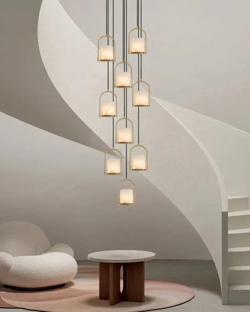 LightsStory Series Geometric Pendant Light | Cluster Dome Carved Organic Alabaster and Geometric Brass, Matte Black and Brass Edges for Kitchen Islands and Entryways Modern Pendant lamp