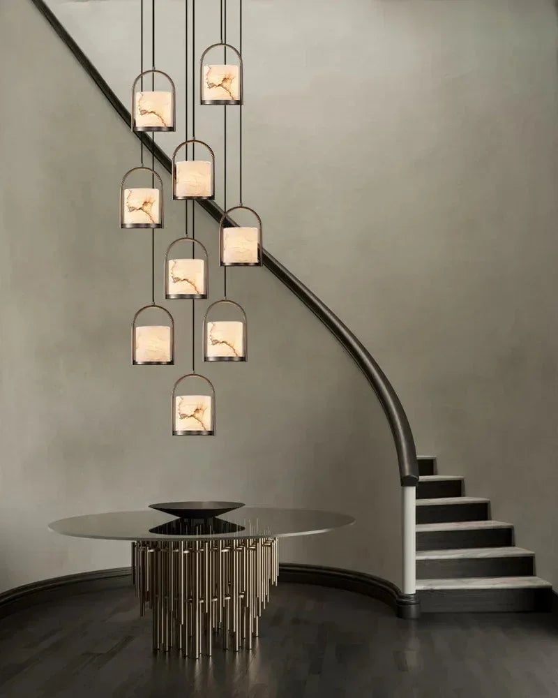 LightsStory Series Geometric Pendant Light | Cluster Dome Carved Organic Alabaster and Geometric Brass, Matte Black and Brass Edges for Kitchen Islands and Entryways Modern Pendant lamp