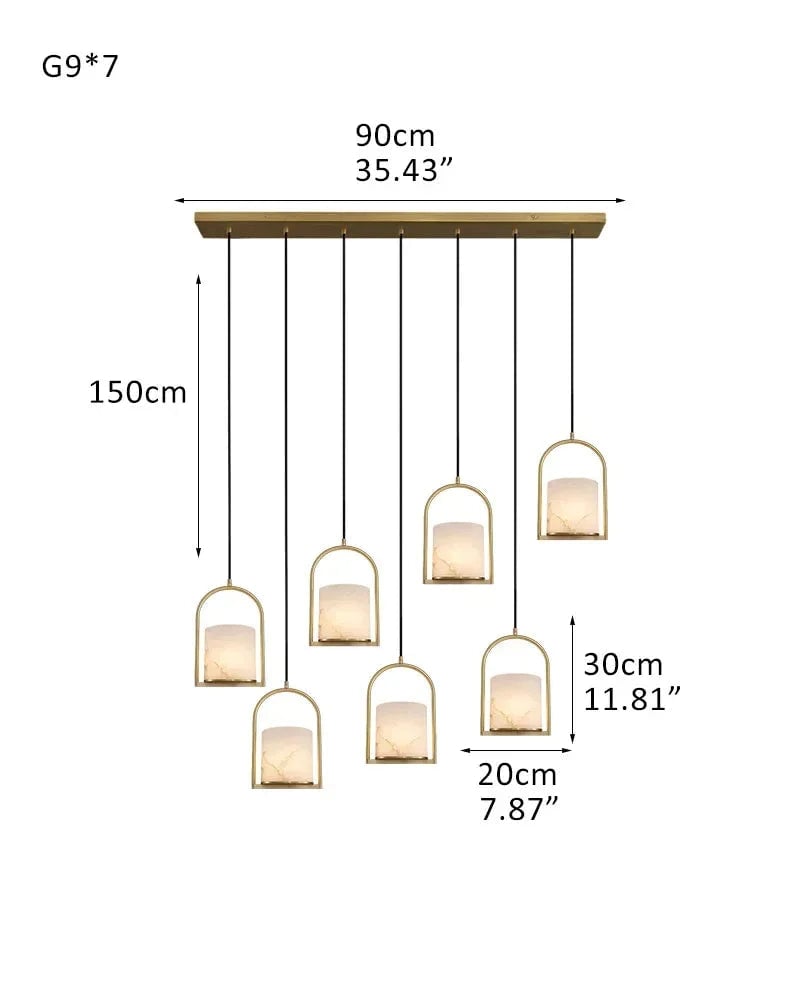 LightsStory Series Geometric Pendant Light | Cluster Dome Carved Organic Alabaster and Geometric Brass, Matte Black and Brass Edges for Kitchen Islands and Entryways 7P-D20*H30CM D8"*H12"-Square Board Brass Modern Pendant lamp