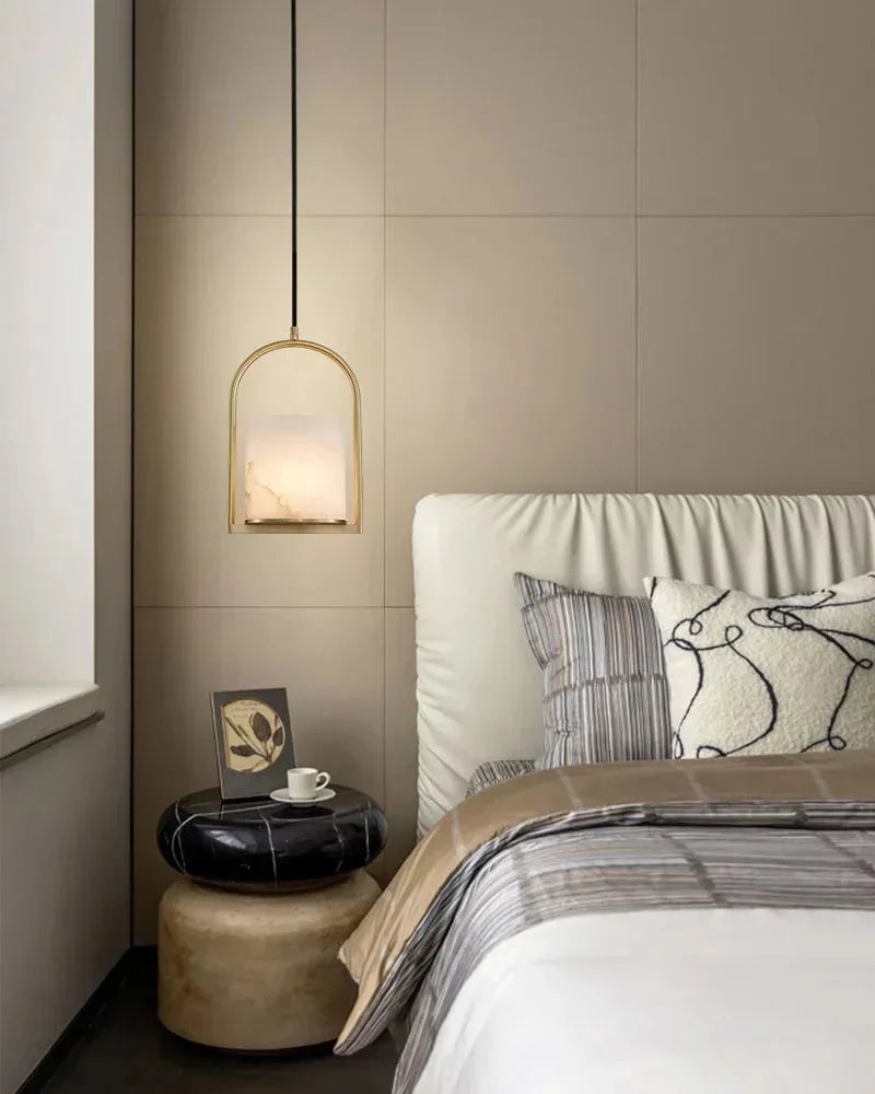 LightsStory Series Geometric Pendant Light | Cluster Dome Carved Organic Alabaster and Geometric Brass, Matte Black and Brass Edges for Kitchen Islands and Entryways Modern Pendant lamp