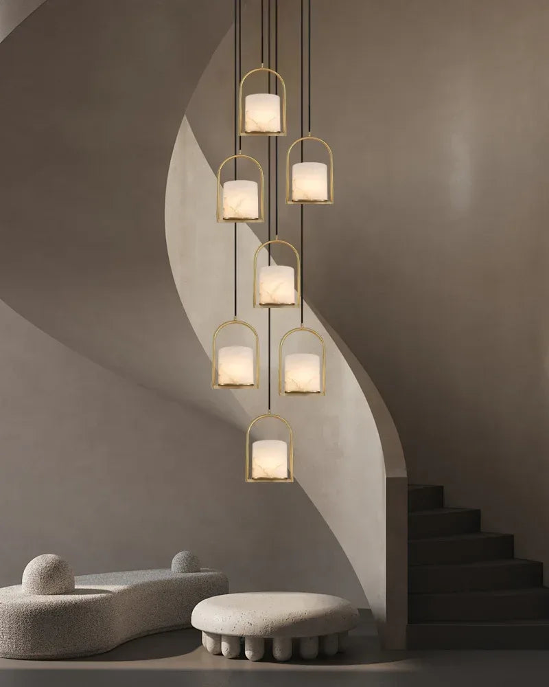 LightsStory Series Geometric Pendant Light | Cluster Dome Carved Organic Alabaster and Geometric Brass, Matte Black and Brass Edges for Kitchen Islands and Entryways Modern Pendant lamp