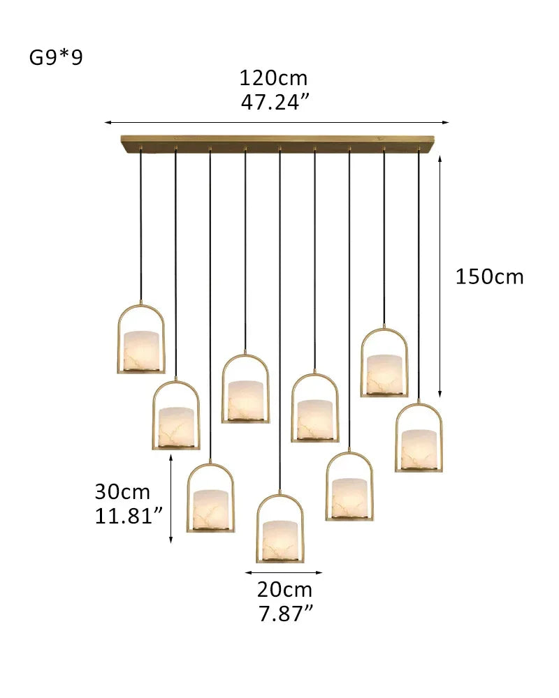 LightsStory Series Geometric Pendant Light | Cluster Dome Carved Organic Alabaster and Geometric Brass, Matte Black and Brass Edges for Kitchen Islands and Entryways 9P-D20*H30CM D8"*H12"-Square Board Brass Modern Pendant lamp