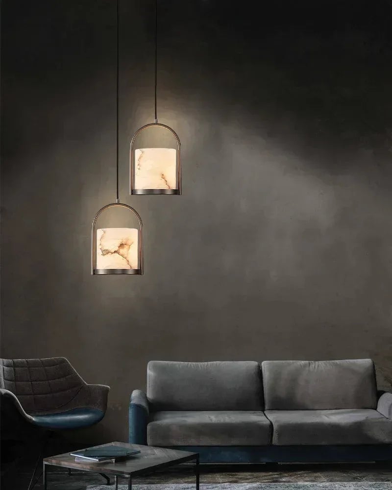 LightsStory Series Geometric Pendant Light | Cluster Dome Carved Organic Alabaster and Geometric Brass, Matte Black and Brass Edges for Kitchen Islands and Entryways Modern Pendant lamp