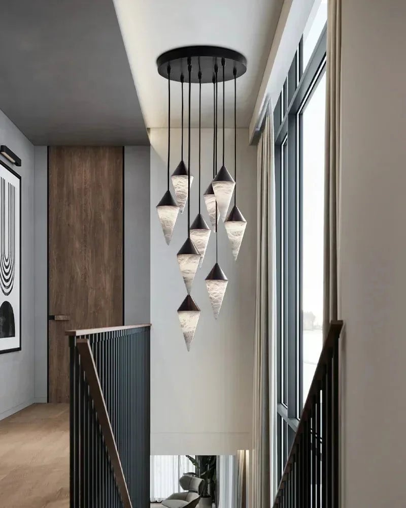 LightsStory Series Geometric Pendant Light | Cluster Natural Alabaster Shades with Brass and Black Metal Accents, Polished Brass and Sleek Black Metal for Dining Rooms and Entryways Modern Pendant lamp