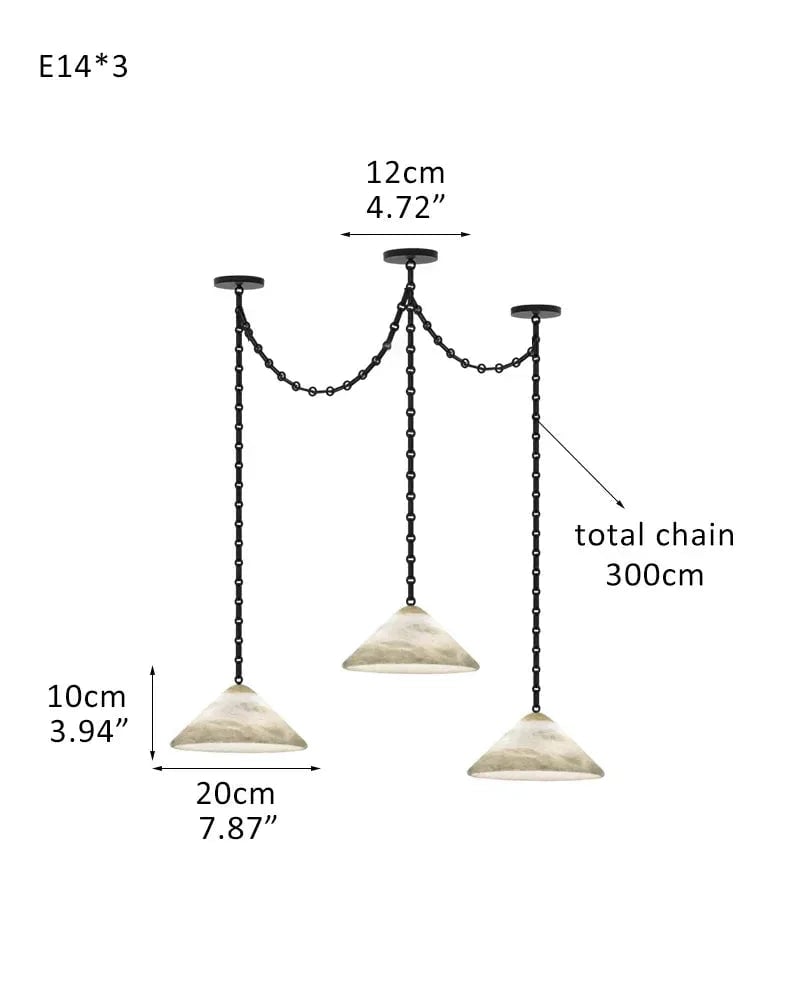 LightsStory Series Geometric Pendant Light | Conical Natural Alabaster Stone, Natural Alabaster finish for Living Rooms and Kitchen Islands 3 light-D20*H10CM D7.9"*H4" White + Black Chain Modern Pendant lamp