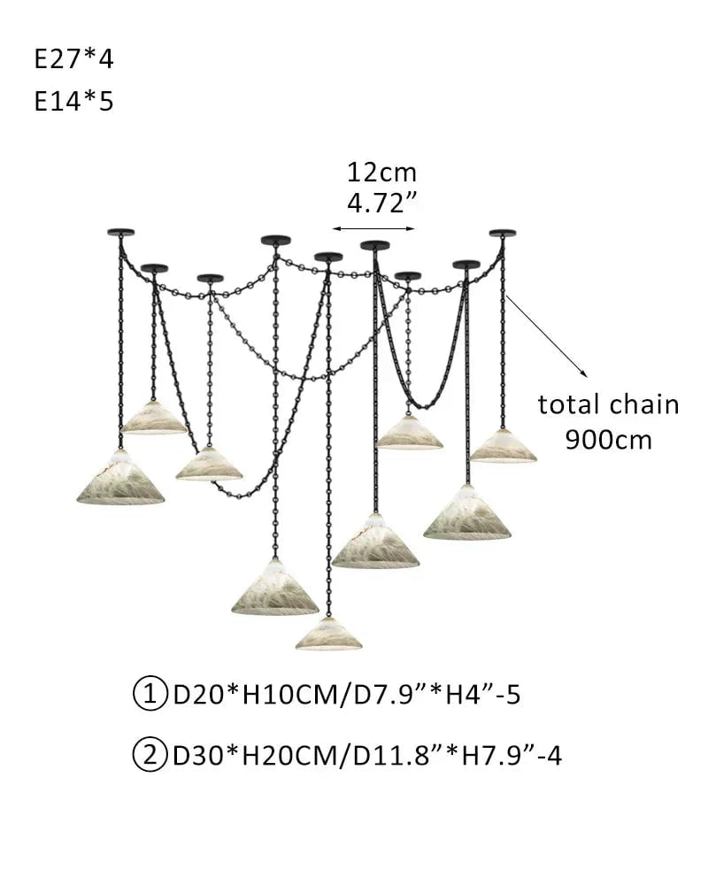 LightsStory Series Geometric Pendant Light | Conical Natural Alabaster Stone, Natural Alabaster finish for Living Rooms and Kitchen Islands 9 light-D20*5+D30*4 D7.9"*5+D11.8"*4 White + Black Chain Modern Pendant lamp