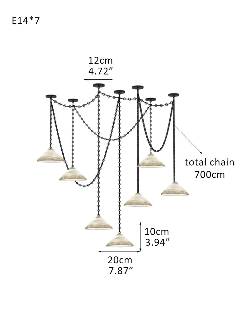 LightsStory Series Geometric Pendant Light | Conical Natural Alabaster Stone, Natural Alabaster finish for Living Rooms and Kitchen Islands 7 light-D20*H10CM D7.9"*H4" White + Black Chain Modern Pendant lamp