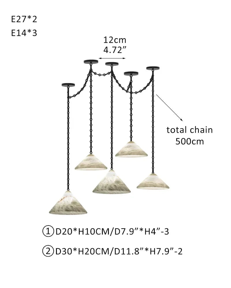 LightsStory Series Geometric Pendant Light | Conical Natural Alabaster Stone, Natural Alabaster finish for Living Rooms and Kitchen Islands 5 light-D20*3+D30*2 D7.9"*3+D11.8"*2 White + Black Chain Modern Pendant lamp