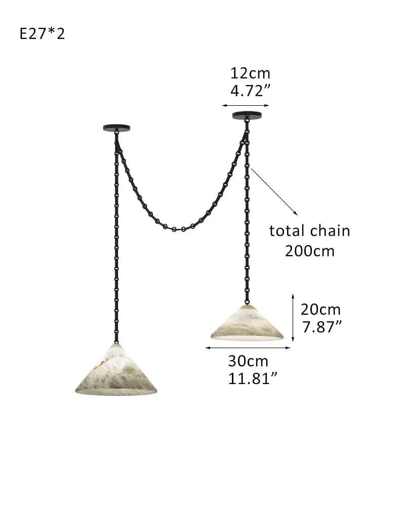 LightsStory Series Geometric Pendant Light | Conical Natural Alabaster Stone, Natural Alabaster finish for Living Rooms and Kitchen Islands 2 light-D20+D30 D7.9"+D11.8" White + Black Chain Modern Pendant lamp