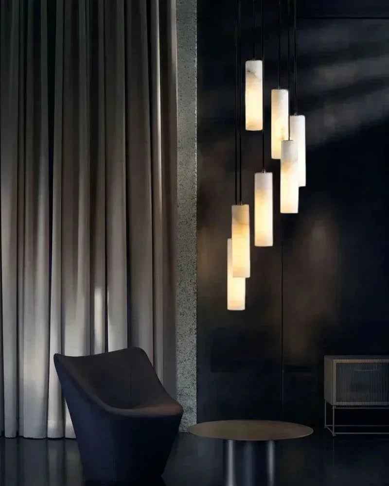 LightsStory Series Geometric Pendant Light | Cylinder Cluster Natural White Alabaster Marble, Brass finish for Modern bedrooms, living rooms, and halls Modern Pendant lamp