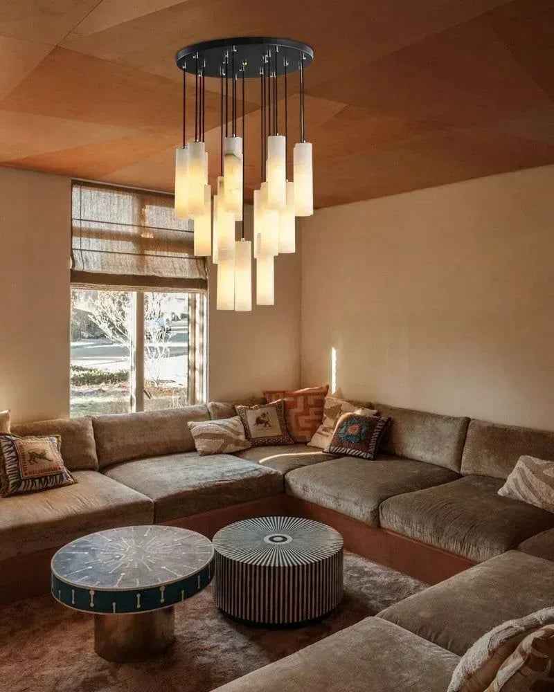 LightsStory Series Geometric Pendant Light | Cylinder Cluster Natural White Alabaster Marble, Brass finish for Modern bedrooms, living rooms, and halls Modern Pendant lamp