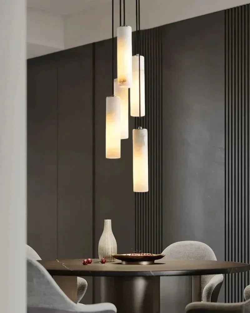 LightsStory Series Geometric Pendant Light | Cylinder Cluster Natural White Alabaster Marble, Brass finish for Modern bedrooms, living rooms, and halls Modern Pendant lamp