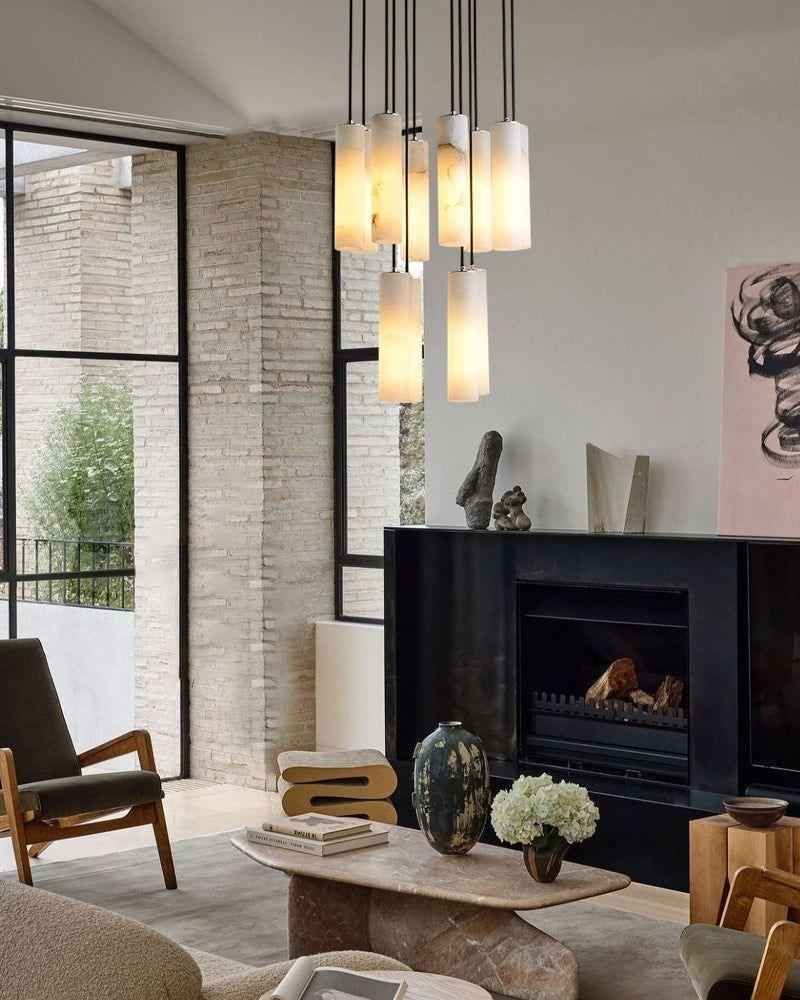 LightsStory Series Geometric Pendant Light | Cylinder Cluster Natural White Alabaster Marble, Brass finish for Modern bedrooms, living rooms, and halls Modern Pendant lamp
