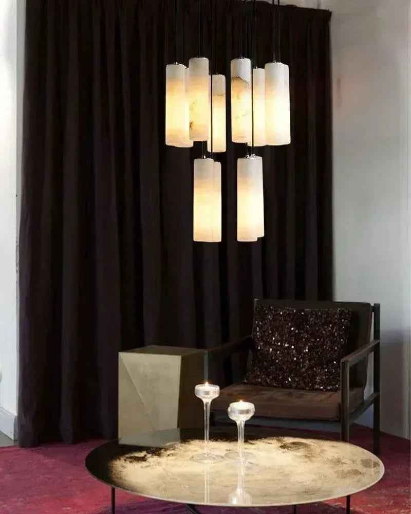 LightsStory Series Geometric Pendant Light | Cylinder Cluster Natural White Alabaster Marble, Brass finish for Modern bedrooms, living rooms, and halls Modern Pendant lamp