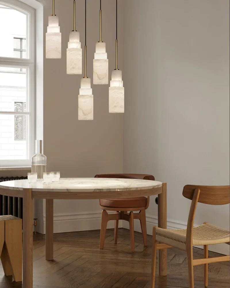 LightsStory Series Geometric Pendant Light | Double Shade Cylinder Natural Stone and Antique Brass, Antique Brass finish for Dining rooms, kitchen islands, and entryways Vintage Simple Hanging Lamp