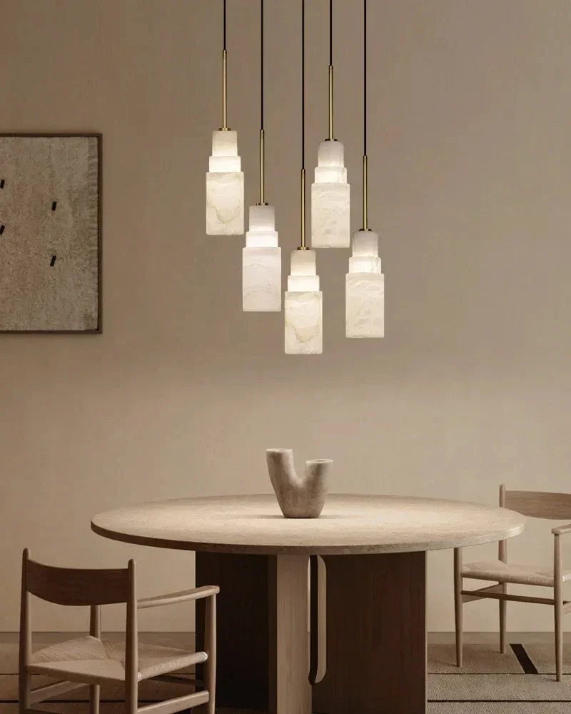 LightsStory Series Geometric Pendant Light | Double Shade Cylinder Natural Stone and Antique Brass, Antique Brass finish for Dining rooms, kitchen islands, and entryways Vintage Simple Hanging Lamp