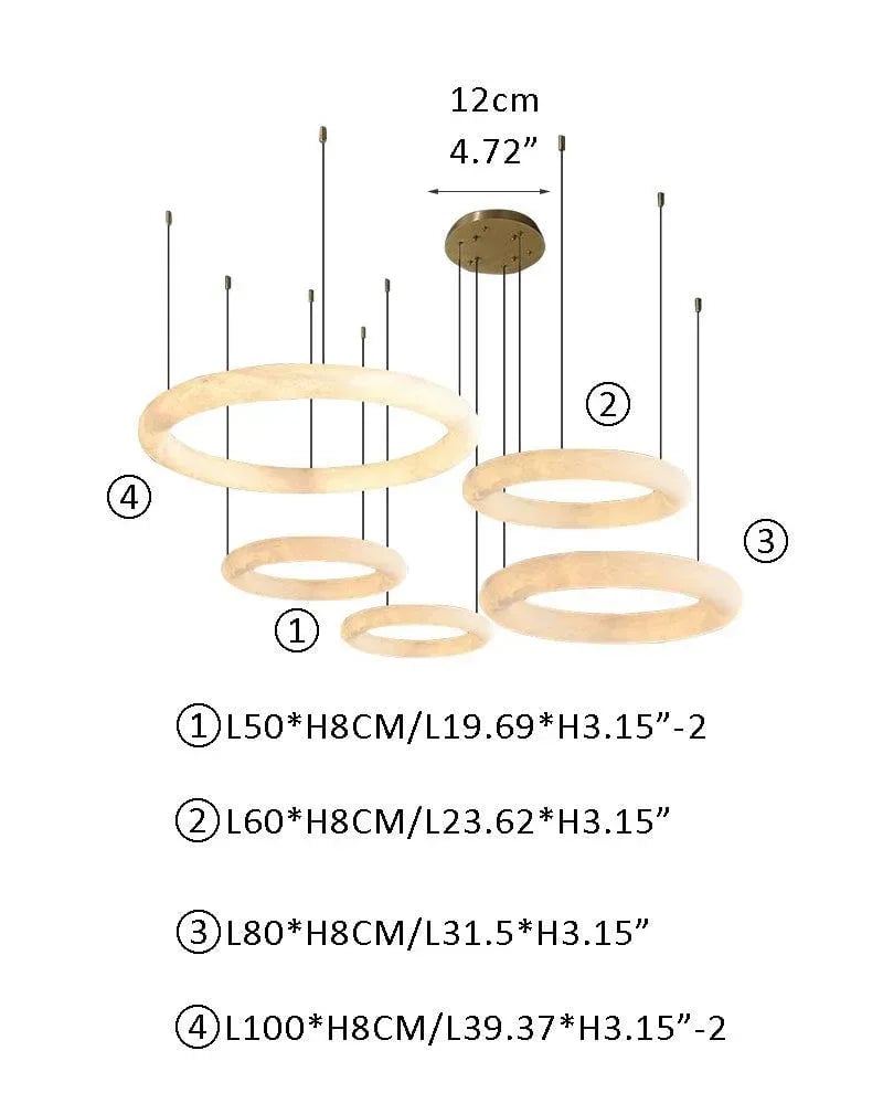 LightsStory Series Geometric Pendant Light | Double Torus Smooth Natural Alabaster Marble, Natural Stone Finish for Kitchen Islands and Dining Areas R-L50*2+60+80+100CM L19.69"+L23.62"+L31.5“+L39.37" White + Gold Modern Pendant lamp