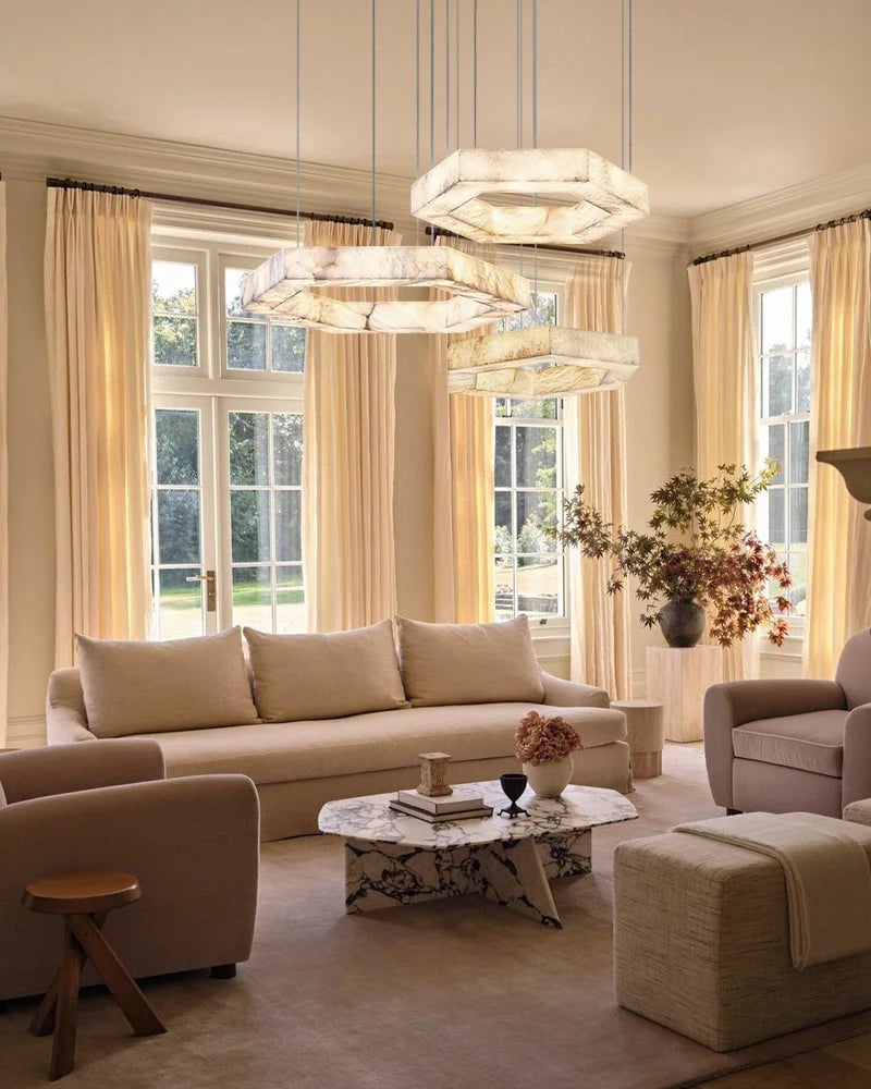 LightsStory Series Geometric Pendant Light | Double/Triple Ring Handcrafted Solid Alabaster and Iron, Gold Stainless Steel finish for Living rooms, entryways, and luxe dining spaces Vintage Simple Pendant Lamp