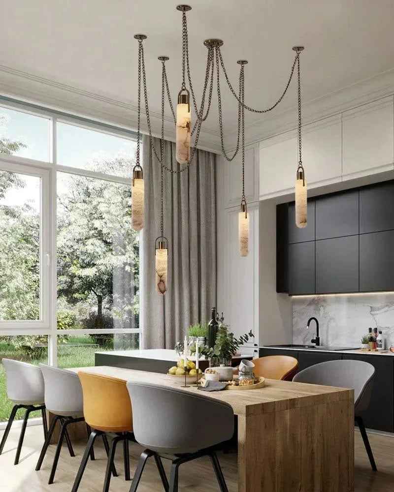 LightsStory Series Geometric Pendant Light | Geometric Silhouette Hand-Carved Natural Mineral Alabaster Stone, Natural Brass finish for Bedrooms, hallways, and minimalist studios Modern Pendant lamp