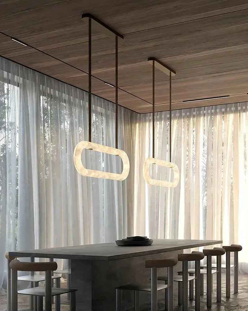 LightsStory Series Geometric Pendant Light | Halo Ring Natural Alabaster Stone and Braided Leather, Matte Black and Brass for Kitchen Islands and Dining Areas American chandelier