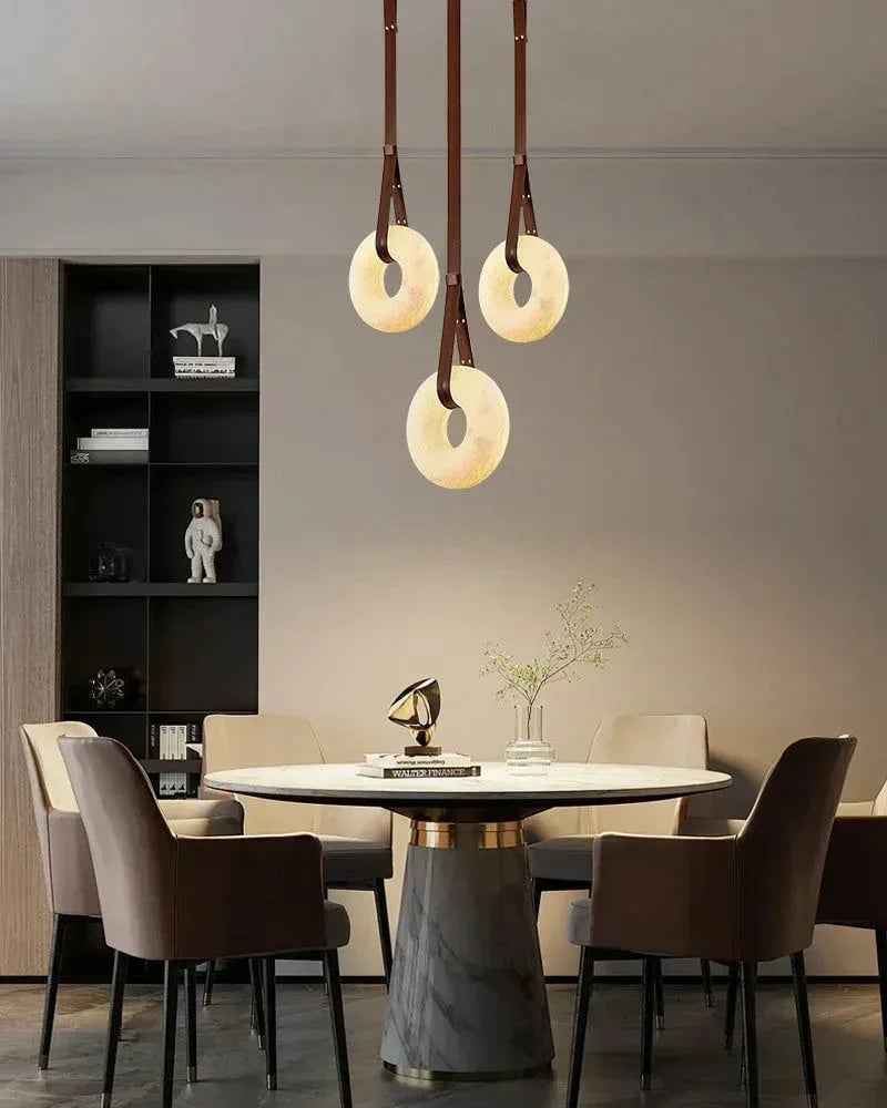 LightsStory Series Geometric Pendant Light | Halo Ring Natural Alabaster Stone and Braided Leather, Matte Black and Brass for Kitchen Islands and Dining Areas American chandelier