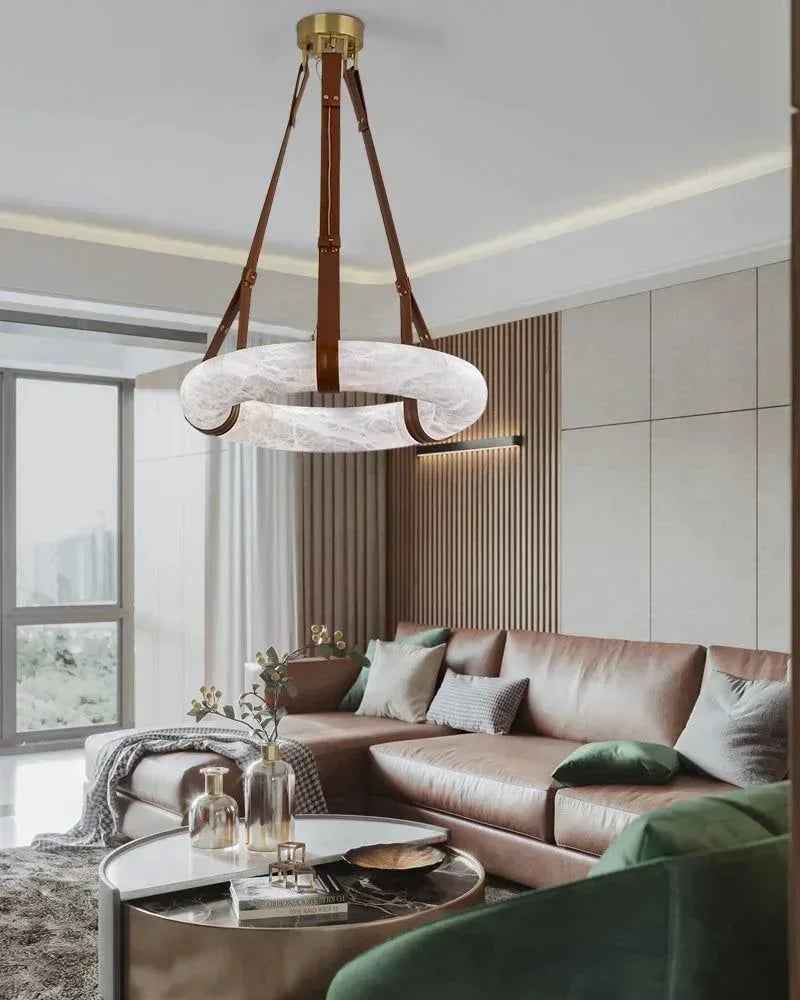 LightsStory Series Geometric Pendant Light | Halo Ring Natural Alabaster Stone and Braided Leather, Matte Black and Brass for Kitchen Islands and Dining Areas American chandelier