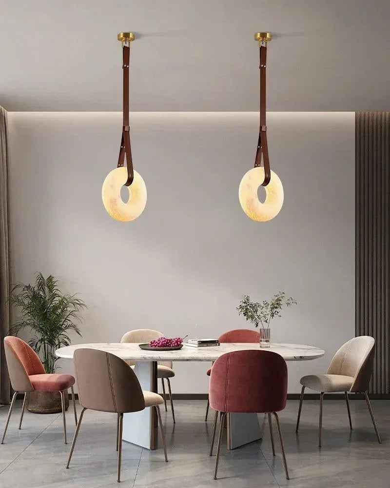 LightsStory Series Geometric Pendant Light | Halo Ring Natural Alabaster Stone and Braided Leather, Matte Black and Brass for Kitchen Islands and Dining Areas American chandelier
