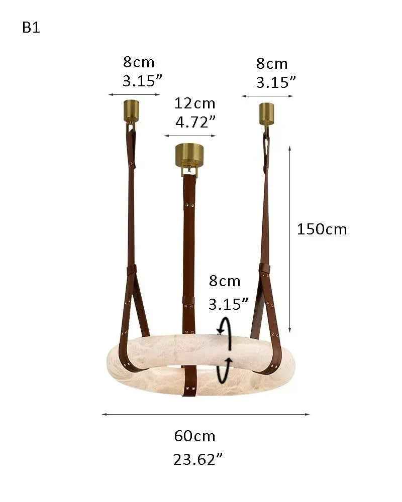 LightsStory Series Geometric Pendant Light | Halo Ring Natural Alabaster Stone and Braided Leather, Matte Black and Brass for Kitchen Islands and Dining Areas B1-D60*H8CM D23.62*H3.15" White + Brown Leather American chandelier