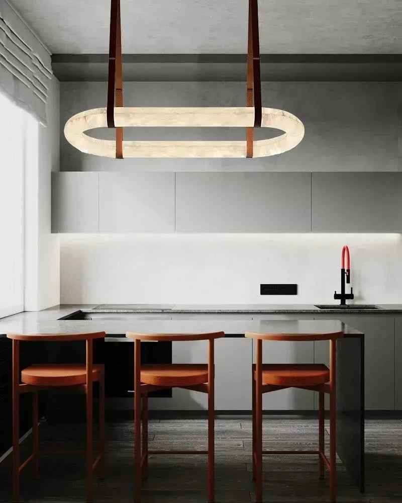 LightsStory Series Geometric Pendant Light | Halo Ring Natural Alabaster Stone and Braided Leather, Matte Black and Brass for Kitchen Islands and Dining Areas American chandelier