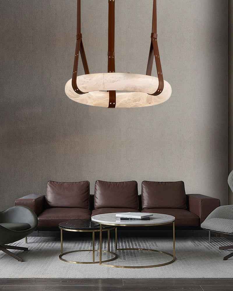 LightsStory Series Geometric Pendant Light | Halo Ring Natural Alabaster Stone and Braided Leather, Matte Black and Brass for Kitchen Islands and Dining Areas American chandelier