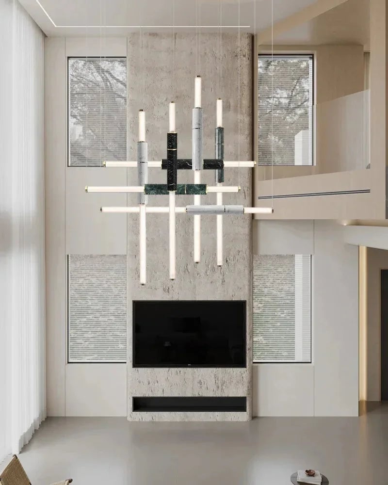 LightsStory Series Geometric Pendant Light | Linear Pipe Polished marble and frosted glass with solid brass and aluminum, Solid Brass and Aluminum finish for Dining Rooms and Living Spaces Modern Pendant lamp