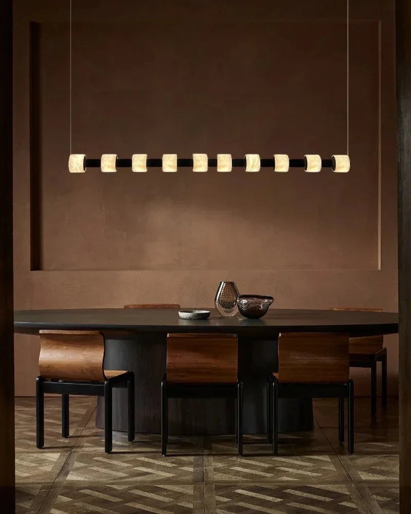 LightsStory Series Geometric Pendant Light | Linear Ring Hand-carved natural alabaster, Matte Black finish for Kitchen islands and dining tables Modern Pendant lamp