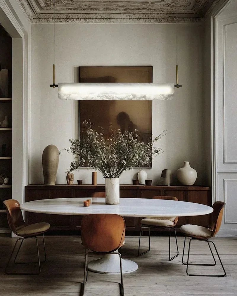 LightsStory Series Geometric Pendant Light | Linear White marble lampshades with natural veining and high-quality metal, Black Metal finish for Kitchen Islands and Dining Rooms Modern Pendant lamp