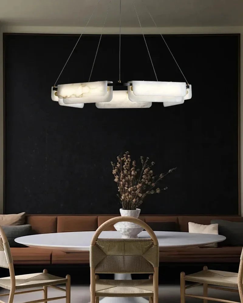 LightsStory Series Geometric Pendant Light | Linear White marble lampshades with natural veining and high-quality metal, Black Metal finish for Kitchen Islands and Dining Rooms Modern Pendant lamp
