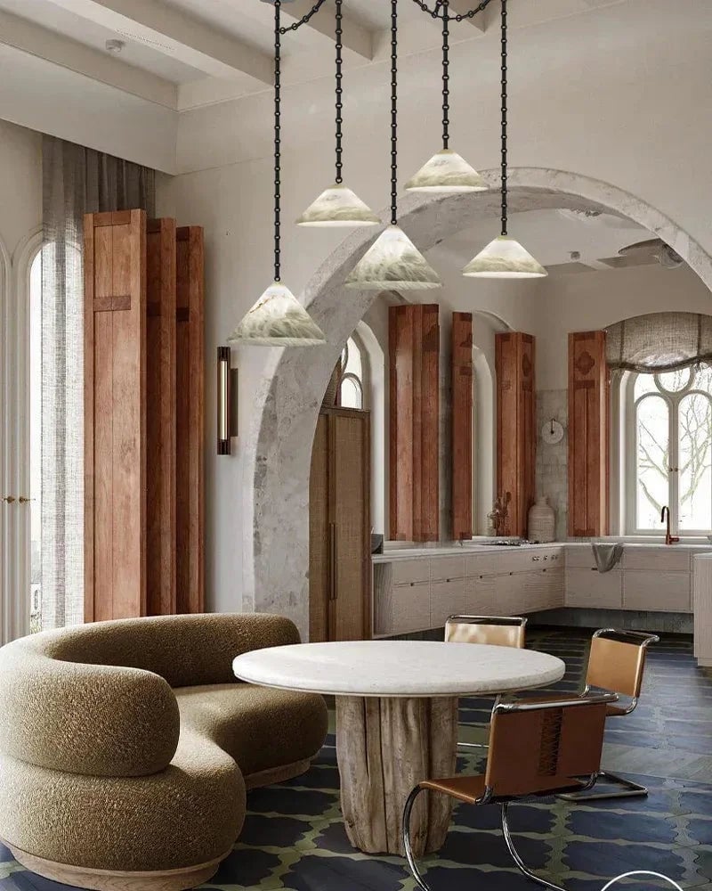 LightsStory Series Geometric Pendant Light | Multi-Head Cone Natural Alabaster Stone, Matte White and Black Chain finish for Kitchen Islands and Dining Areas Modern Pendant lamp