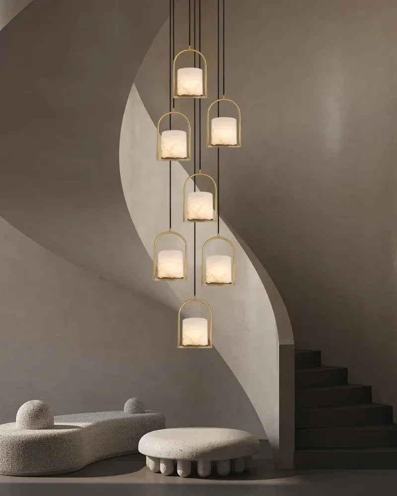 LightsStory Series Geometric Pendant Light | Organic Alabaster Cluster Carved Organic Alabaster with Geometric Brass and Nickel Frame, Matte Black and Brass Edges for High Ceilings, Kitchen Islands, and Grand Entries Modern Pendant lamp