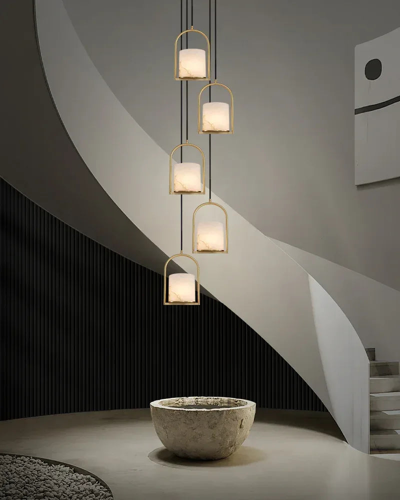 LightsStory Series Geometric Pendant Light | Organic Alabaster Cluster Carved Organic Alabaster with Geometric Brass and Nickel Frame, Matte Black and Brass Edges for High Ceilings, Kitchen Islands, and Grand Entries Modern Pendant lamp