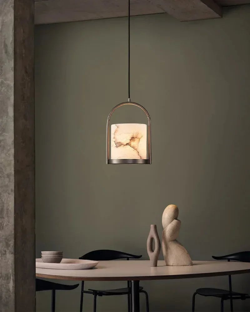 LightsStory Series Geometric Pendant Light | Organic Alabaster Cluster Carved Organic Alabaster with Geometric Brass and Nickel Frame, Matte Black and Brass Edges for High Ceilings, Kitchen Islands, and Grand Entries Modern Pendant lamp