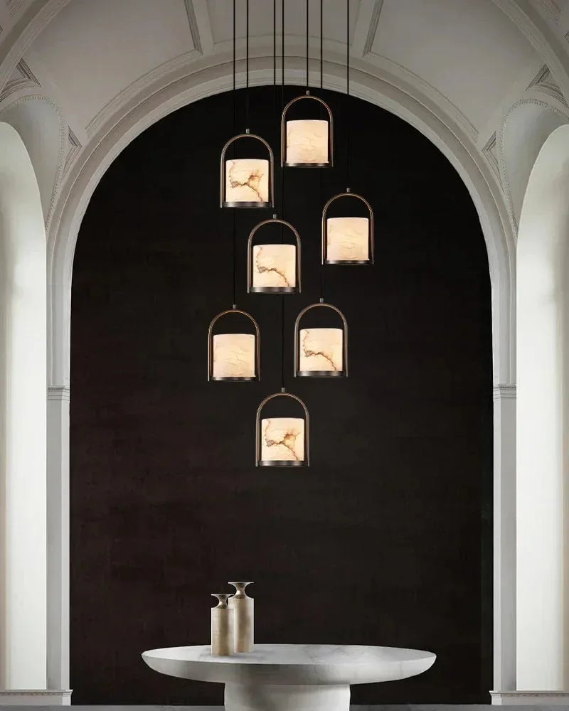 LightsStory Series Geometric Pendant Light | Organic Alabaster Cluster Carved Organic Alabaster with Geometric Brass and Nickel Frame, Matte Black and Brass Edges for High Ceilings, Kitchen Islands, and Grand Entries Modern Pendant lamp