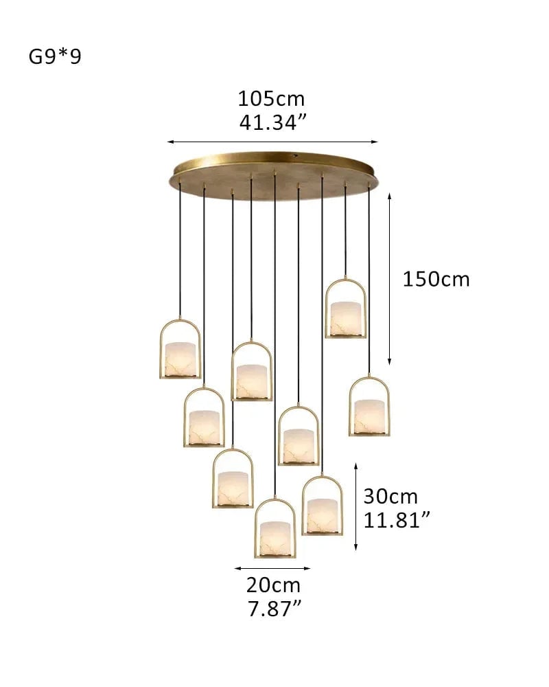 LightsStory Series Geometric Pendant Light | Organic Alabaster Cluster Carved Organic Alabaster with Geometric Brass and Nickel Frame, Matte Black and Brass Edges for High Ceilings, Kitchen Islands, and Grand Entries 9P-D20*H30CM D8"*H12"-Round Board Brass Modern Pendant lamp