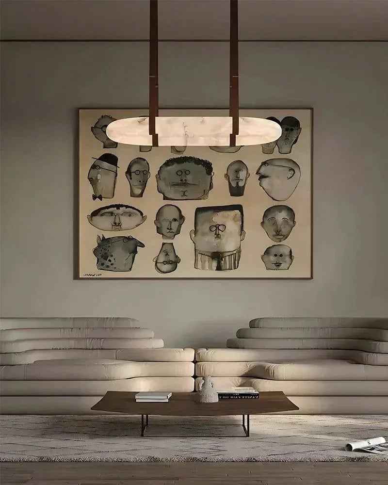 LightsStory Series Geometric Pendant Light | Oval Halo Ring Natural Alabaster Stone and Braided Leather, Matte Black and Brass for Living Rooms and Dining Areas American chandelier