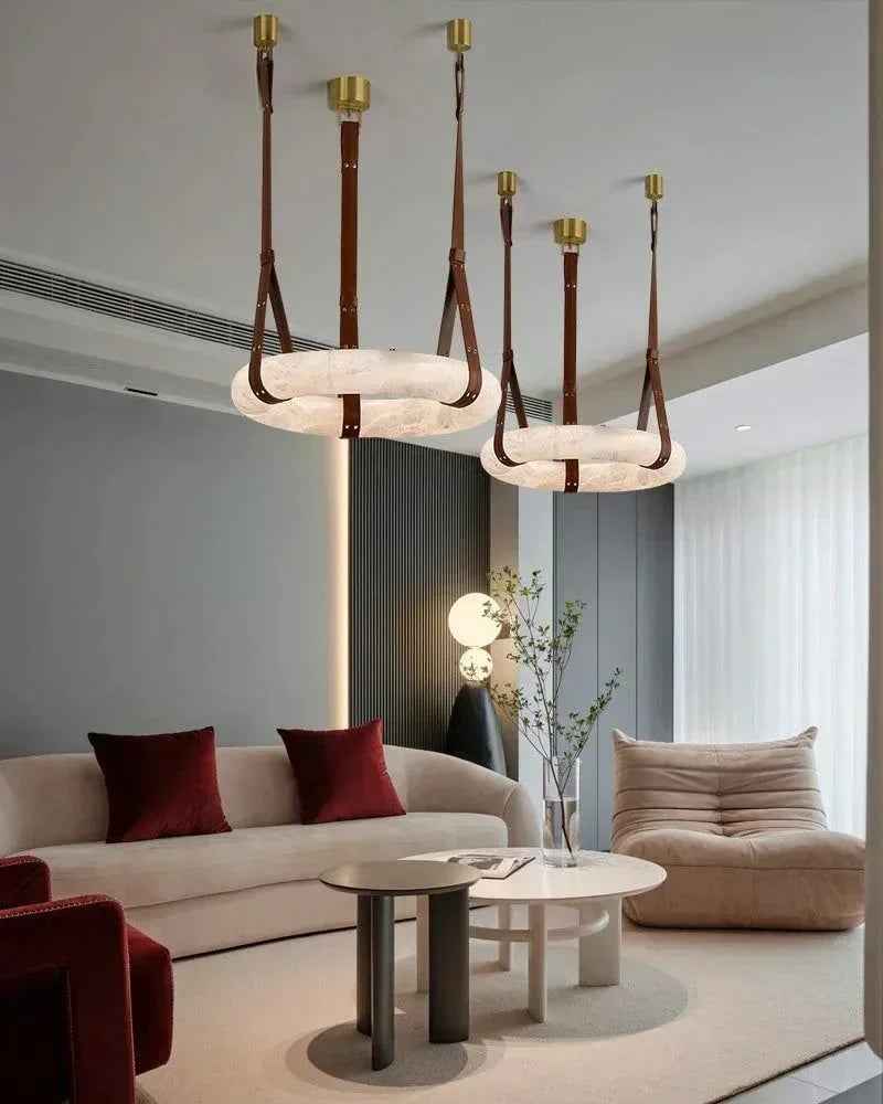 LightsStory Series Geometric Pendant Light | Oval Halo Ring Natural Alabaster Stone and Braided Leather, Matte Black and Brass for Living Rooms and Dining Areas American chandelier