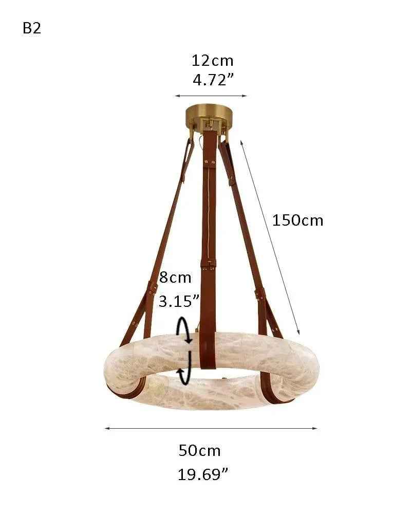 LightsStory Series Geometric Pendant Light | Oval Halo Ring Natural Alabaster Stone and Braided Leather, Matte Black and Brass for Living Rooms and Dining Areas B2-D50*H8CM D19.69*H3.15" White + Brown Leather American chandelier