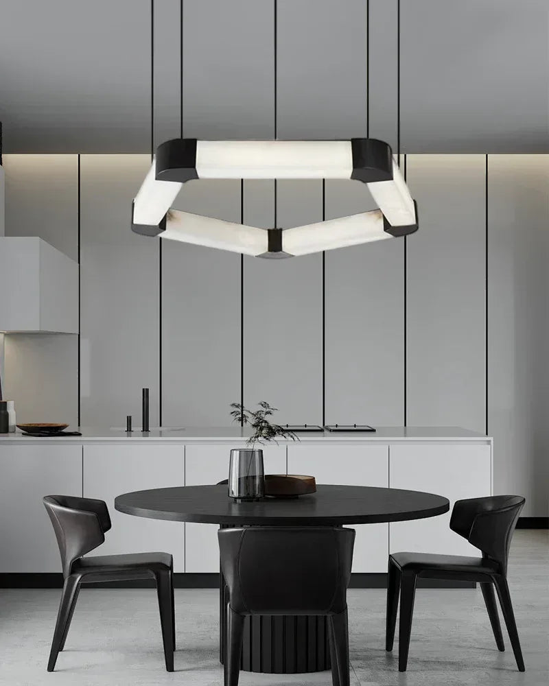 LightsStory Series Geometric Pendant Light | Pentagonal Linear Spanish Marble and Polished Stainless Steel, Polished Stainless Steel for Dining Rooms, Lobbies, and Offices American Vintage chandelier lamp