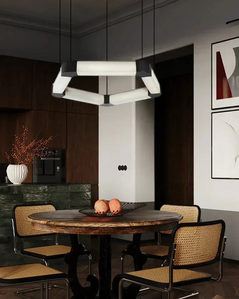 LightsStory Series Geometric Pendant Light | Pentagonal Linear Spanish Marble and Polished Stainless Steel, Polished Stainless Steel for Dining Rooms, Lobbies, and Offices American Vintage chandelier lamp