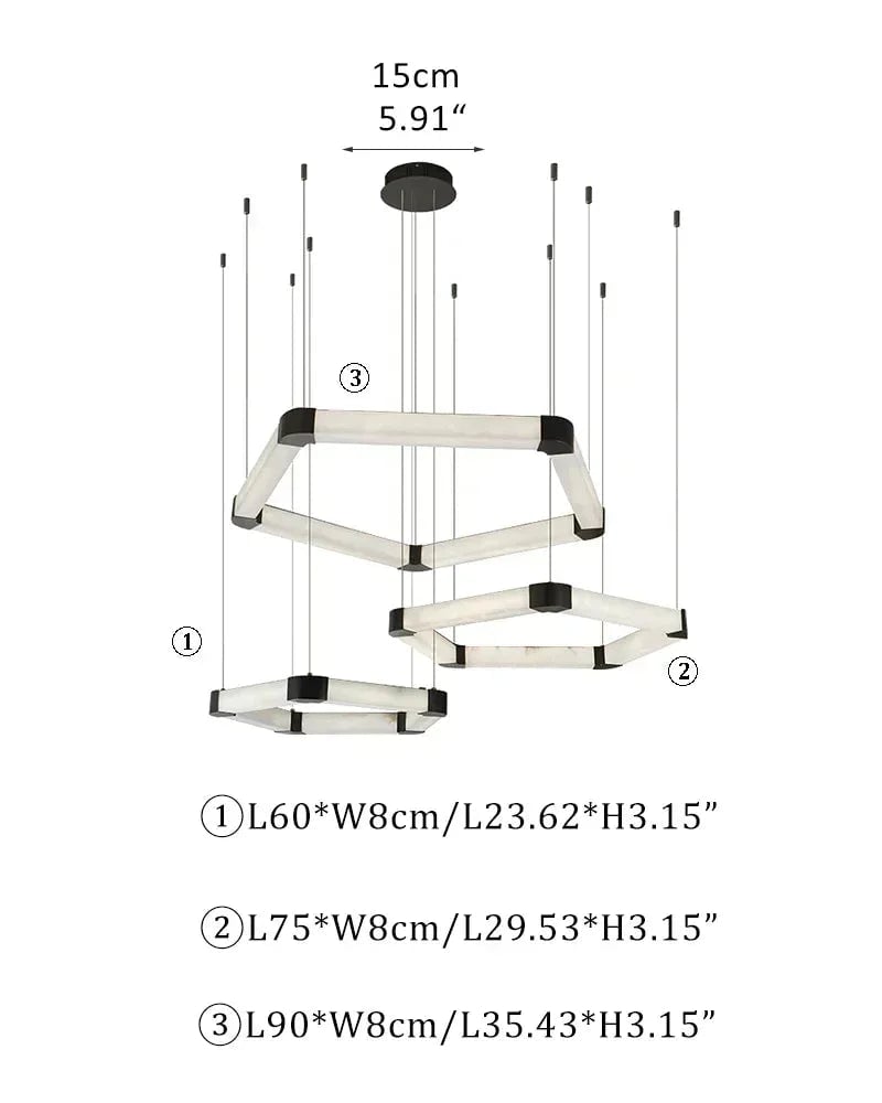 LightsStory Series Geometric Pendant Light | Pentagonal Linear Spanish Marble and Polished Stainless Steel, Polished Stainless Steel for Dining Rooms, Lobbies, and Offices D60CM+D75CM+D90CM D23.62"+D29.53"+D35.43" White + Black American Vintage chandelier lamp