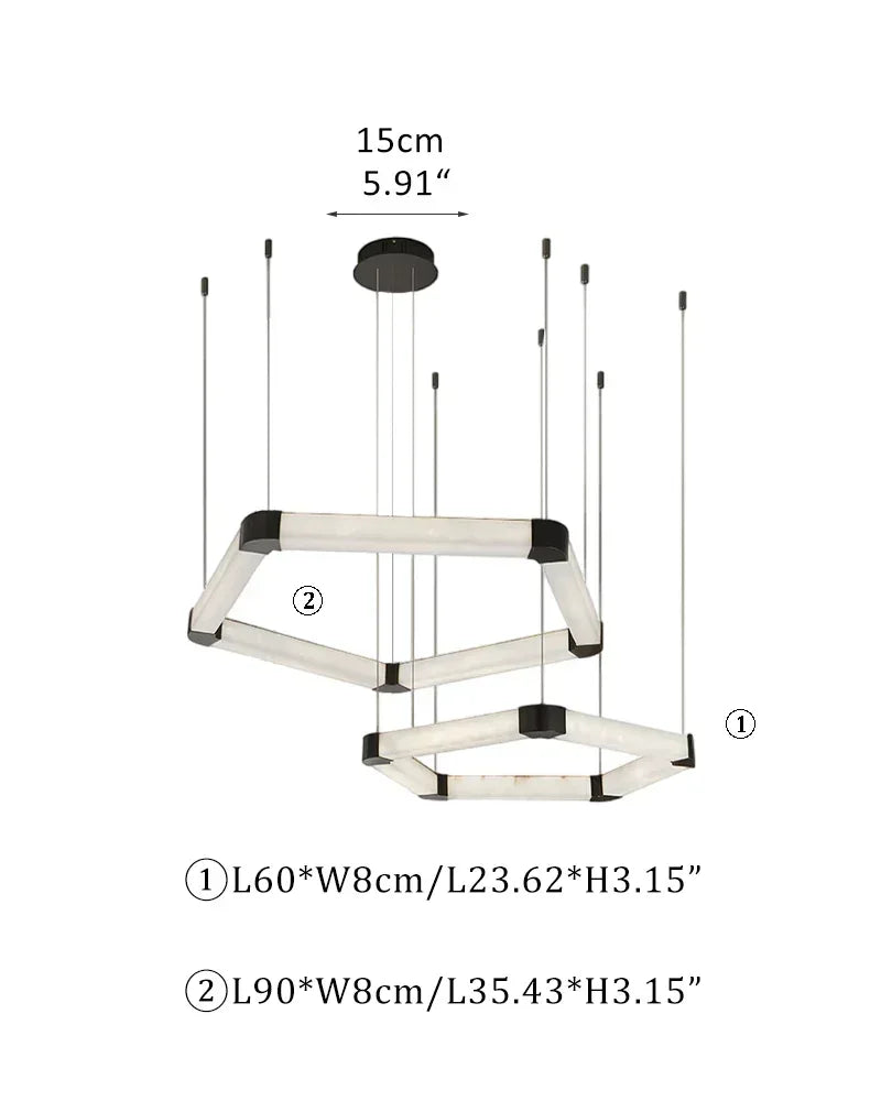 LightsStory Series Geometric Pendant Light | Pentagonal Linear Spanish Marble and Polished Stainless Steel, Polished Stainless Steel for Dining Rooms, Lobbies, and Offices D60CM+D90CM D23.62"+D35.43" White + Black American Vintage chandelier lamp
