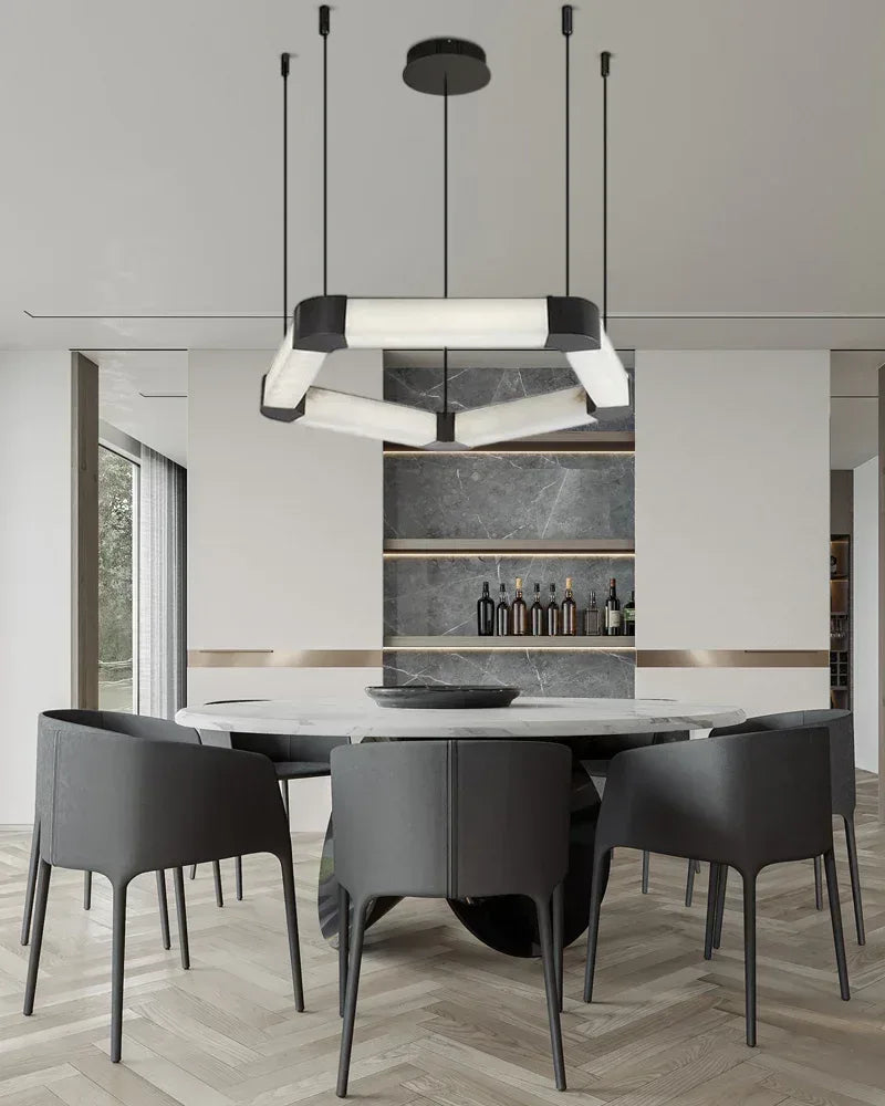 LightsStory Series Geometric Pendant Light | Pentagonal Linear Spanish Marble and Polished Stainless Steel, Polished Stainless Steel for Dining Rooms, Lobbies, and Offices American Vintage chandelier lamp